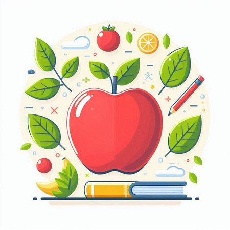 Vector illustration of red apple with leaves, books and pencil. Education conceptのイラスト素材