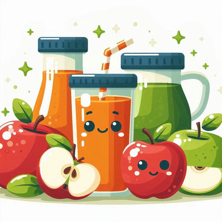 Vector illustration of fresh juice in glass bottles with apple slices and leaves. Cartoon style.のイラスト素材