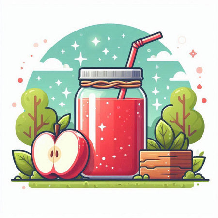 Vector illustration of apple smoothie in a jar with a straw and a slice of apple.のイラスト素材