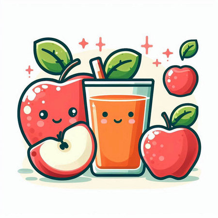 Cute apple juice in glass and apple slices. Vector illustration.のイラスト素材