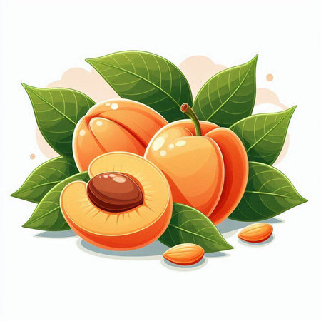 Apricot fruits with leaves on white background. Vector illustration.のイラスト素材