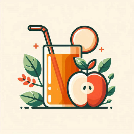 Apple juice in glass with straw and apple slices. Flat style vector illustration.のイラスト素材