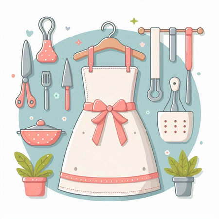 Dress and kitchen utensils. Vector illustration in cartoon style.のイラスト素材