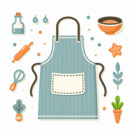 Kitchen apron. Vector illustration of apron with kitchen accessories.のイラスト素材