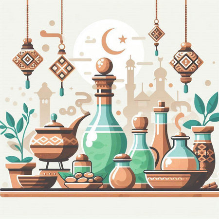 Vector illustration of Ramadan Kareem greeting card with mosque and lamps.のイラスト素材