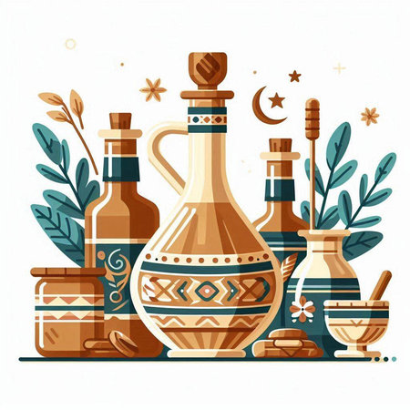 Flat vector illustration of traditional greek ornaments and bottles.のイラスト素材
