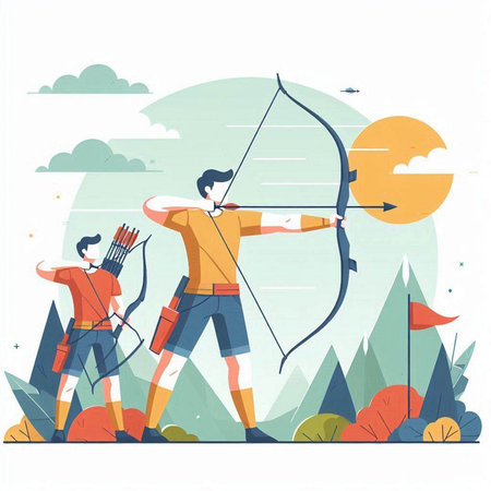Archery sport vector illustration. Cartoon archer man with bow and arrow in the forest.のイラスト素材