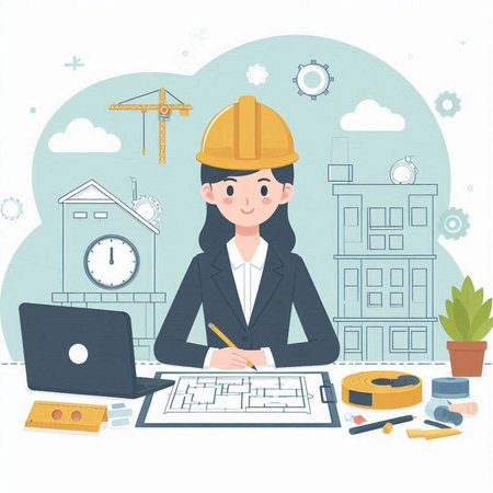 Engineer working with laptop and document in office. Vector illustration.のイラスト素材