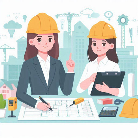 Illustration of a female architect with her team in a flat styleのイラスト素材