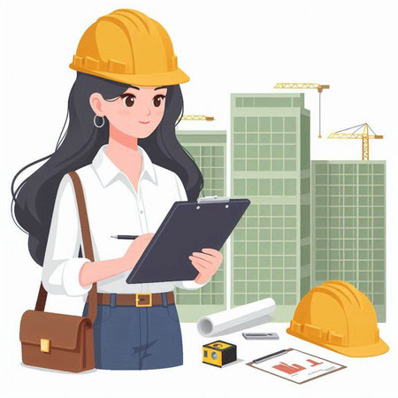 Engineer man with construction tools. Flat design style vector illustration.のイラスト素材