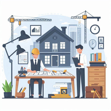 Architect and engineer working on construction site. Vector illustration in flat styleのイラスト素材