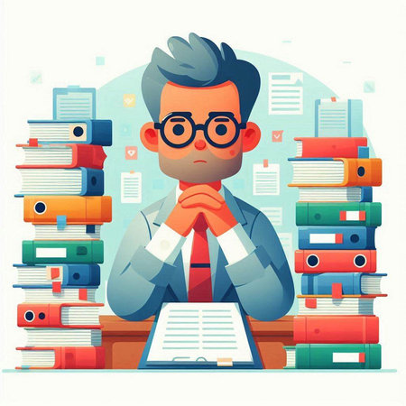 Businessman sitting at his desk with a lot of folders. Vector flat illustration.のイラスト素材