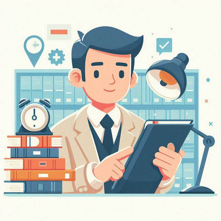 Businessman working in office. Vector illustration in a flat style.のイラスト素材