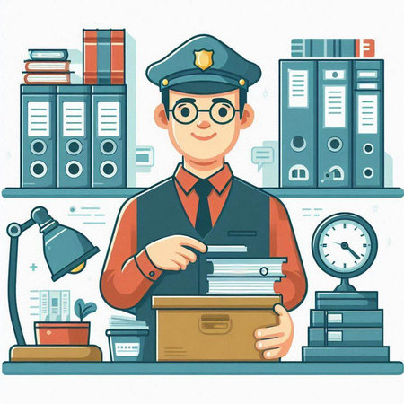 Postman in uniform and glasses holds a box with documents. Flat vector illustration.のイラスト素材