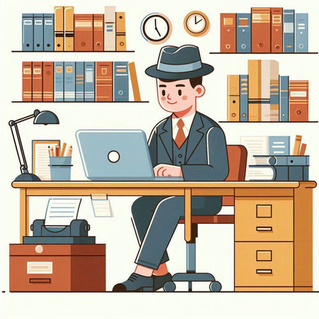 Illustration of a man working at his desk in the office.のイラスト素材