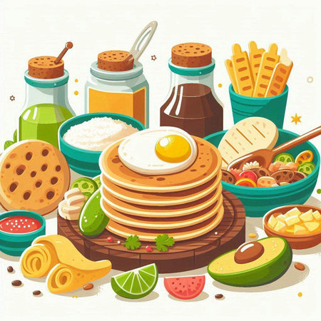 Illustration of a stack of pancakes with avocado, eggs and spicesのイラスト素材