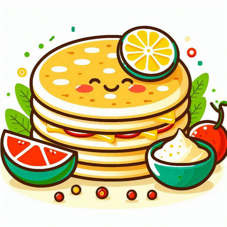 Illustration of a Stack of Pancakes Mascot with Lemon and Strawberryのイラスト素材
