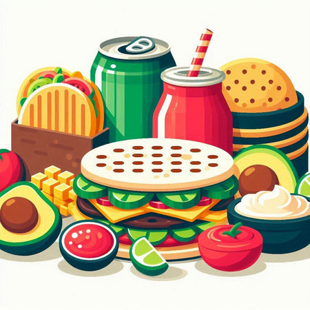 Fast food. Vector illustration of hamburger, cola, sandwiches, ice cream, pizza, avocado, tomato, cheese.のイラスト素材