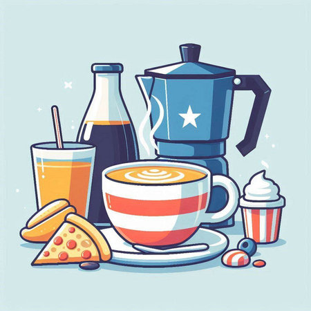 Coffee time. Vector illustration in flat style. Coffee, tea, milk, pizza, cookies.のイラスト素材
