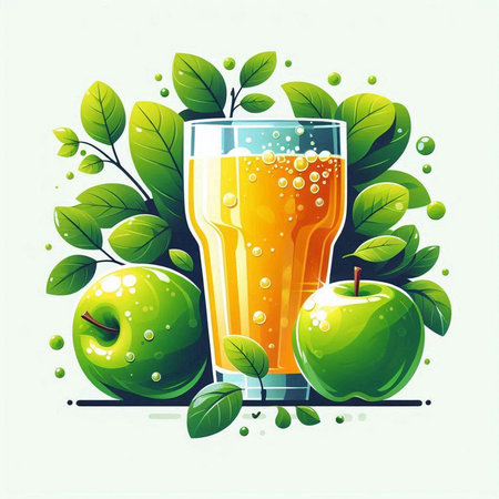 Glass of apple juice with green apples and leaves. Vector illustration.のイラスト素材
