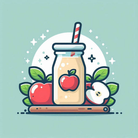 Apple smoothie in a glass bottle with a straw and apples on a wooden tray. Vector illustration.のイラスト素材