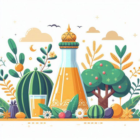 Vector illustration with bottle of water on the background of summer landscape.のイラスト素材