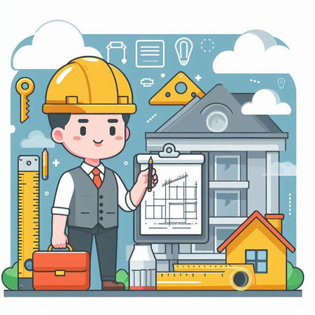 Engineer with construction plan. Vector illustration in a flat style.のイラスト素材