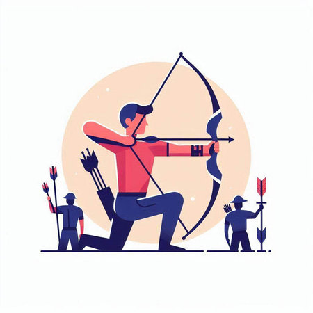 Archery and sports concept. Man with bow and arrow aiming at target. Flat vector illustration.のイラスト素材