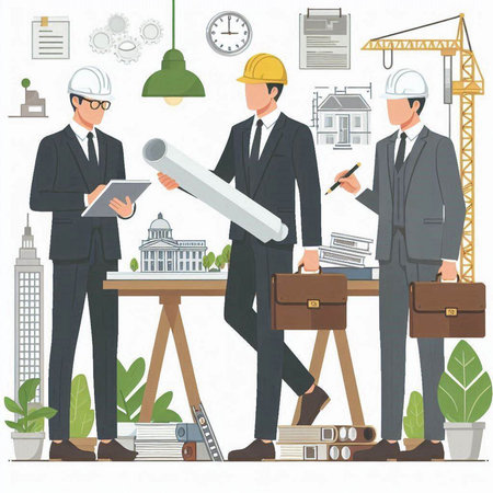 Architects and engineers on the construction site. Vector illustration.のイラスト素材