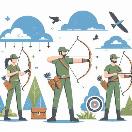 Archery sport vector illustration. Man and woman in uniform with bow and arrow shooting at target.のイラスト素材