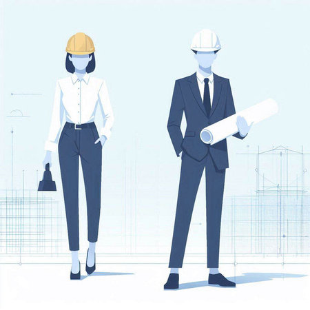 architect and engineer on the background of the construction site, vector illustrationのイラスト素材