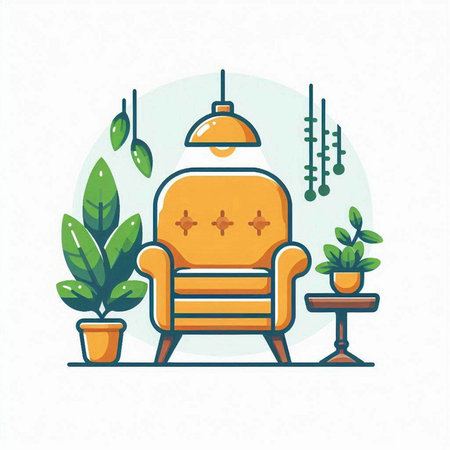 Living room with armchair and plants. Vector illustration in flat styleのイラスト素材