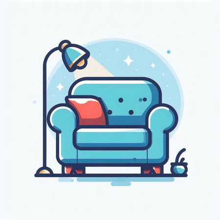 Comfortable armchair with pillow and lamp. Colorful flat vector illustration.のイラスト素材