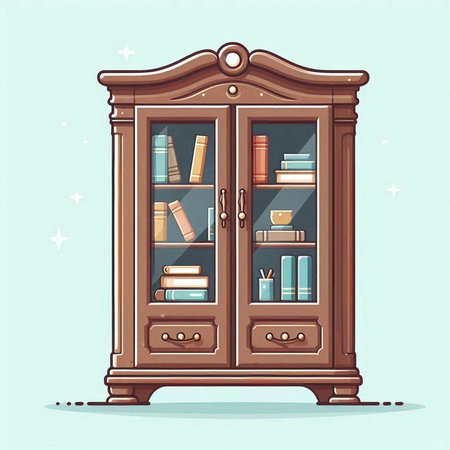 Wooden cabinet with books and a cupboard. Vector illustration.のイラスト素材