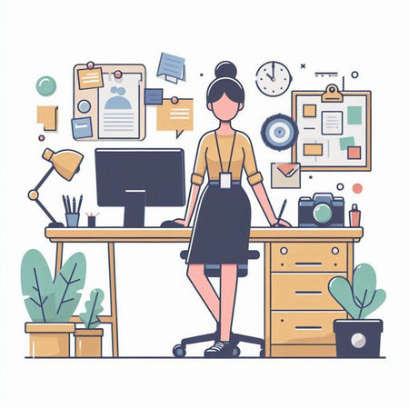 Vector illustration of a young woman working at a desk in the officeのイラスト素材