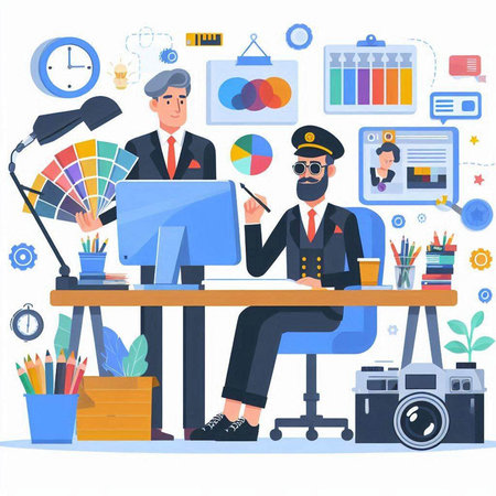 Policeman in uniform sitting at desk in office. Vector illustrationのイラスト素材