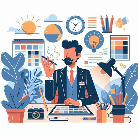 Businessman working at his desk. Vector illustration in flat style.のイラスト素材