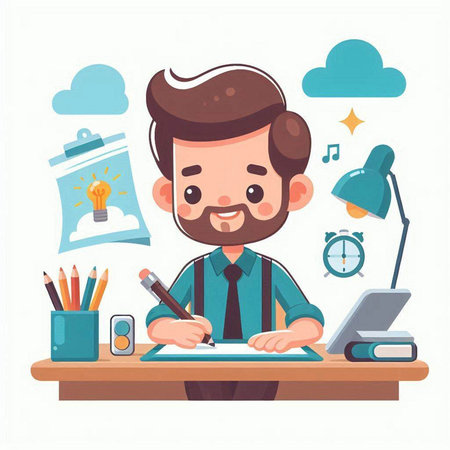 Businessman working at desk. Vector illustration in flat cartoon style.のイラスト素材