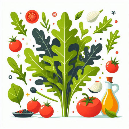 Vegetarian food background with tomatoes, arugula, onion, olive oil, spices and herbs. Vector illustrationのイラスト素材