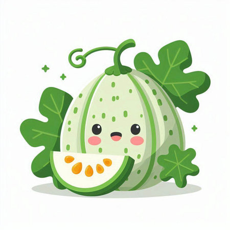 Cute kawaii melon with leaves. Vector illustration.のイラスト素材