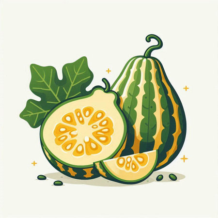 Whole and half kiwano fruit with leaves. Vector illustration.のイラスト素材