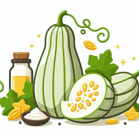 Illustration of a fresh zucchini and a bottle of vegetable oilのイラスト素材
