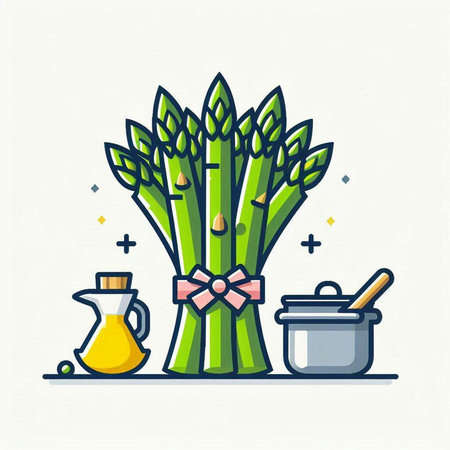 Bunch of fresh green asparagus, cooking pot, olive oil and saucepan. Vector illustrationのイラスト素材