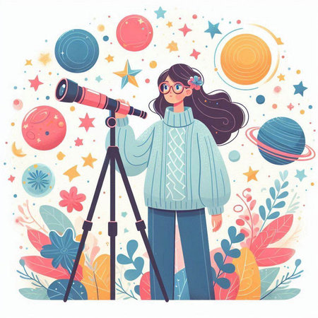 Vector illustration of a girl with a telescope in her hands on a background of planets and starsのイラスト素材