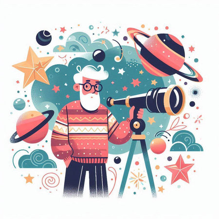 Vector illustration of a man in a Christmas sweater with a telescope.のイラスト素材