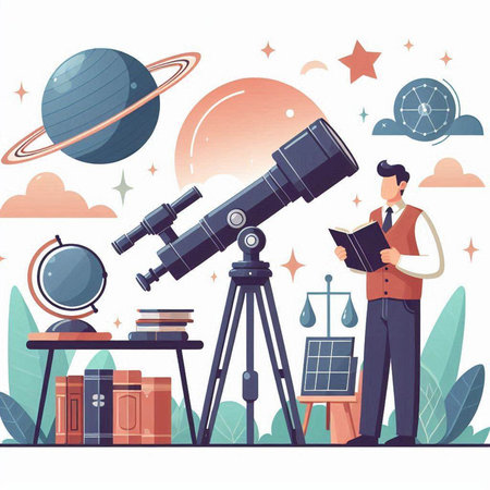 Astronomy flat vector illustration. Cartoon scientist looking through telescope.のイラスト素材