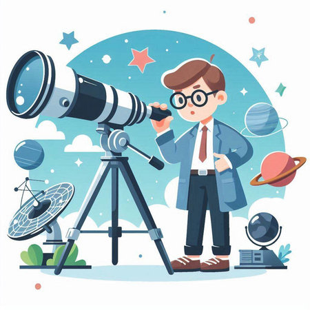 Boy looking through telescope. Vector illustration in flat cartoon style. Astronomy concept.のイラスト素材