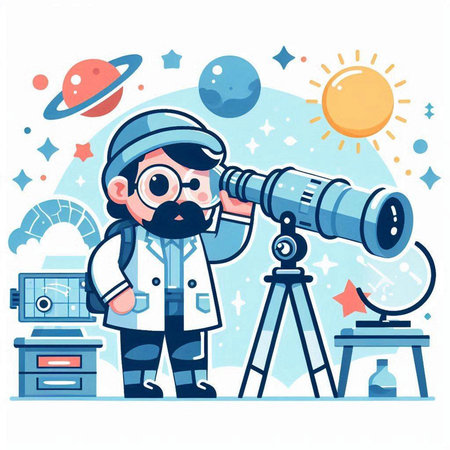Astronaut and telescope. Vector illustration in flat cartoon style.のイラスト素材