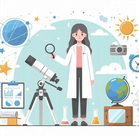 Scientist woman working in the laboratory. Vector flat design illustration.のイラスト素材
