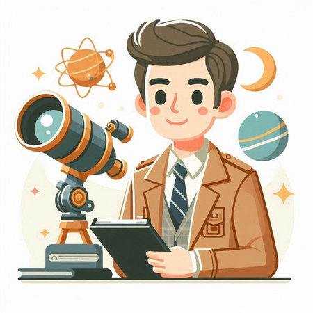 Illustration of a Young Man Looking at the Planet through a Telescopeのイラスト素材